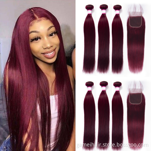 Wholesale Factory 1B 99J bundle With Closure Straight Hair Weave Cuticle Aligned Hair With Frontal